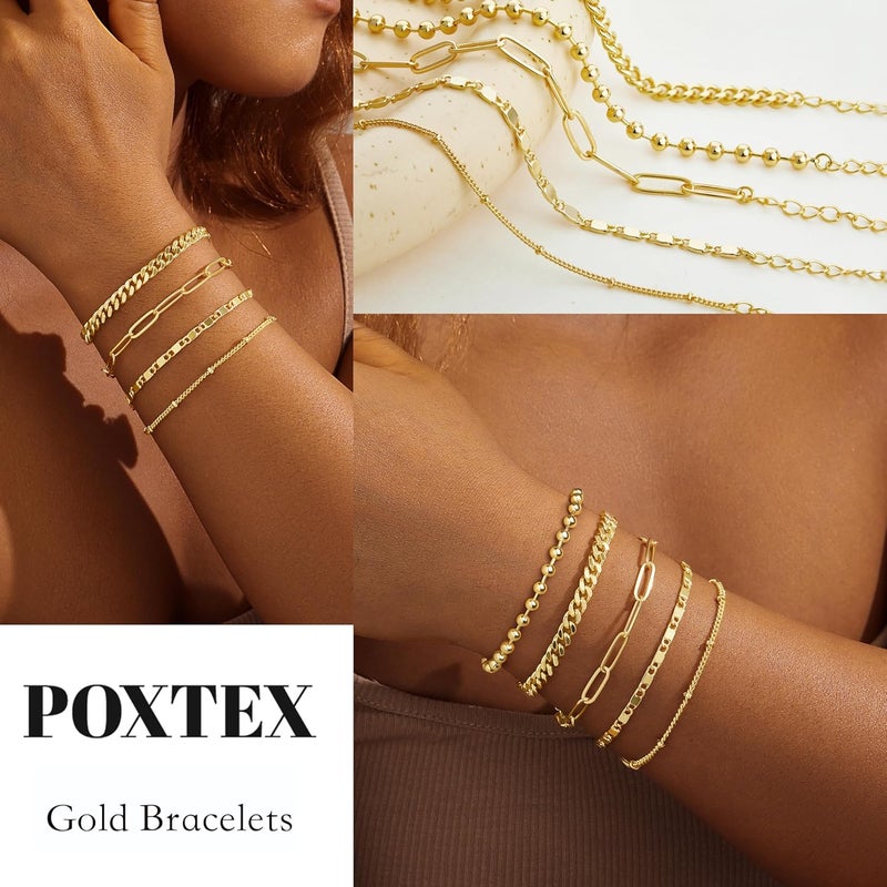 Poxtex Gold Bracelets Set for Women Stack, Dainty Thick Bracelets Stack for Women Trendy, Simple Thin Gold Plated Cuff Stackable Bracelets With Beaded Cuban Paperclip Snake Rope Bangle Hand Chain Jewelry Gifts for Women Non Tainish - Image 5